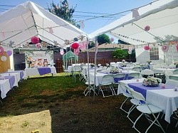 This party has white table cloths and lavender colored diamonds.